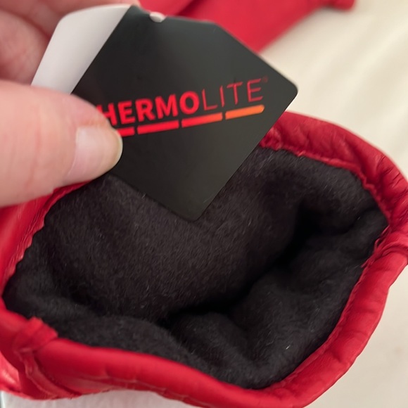 Red Lambskin Leather Mittens Fleece Lined - Picture 4 of 5